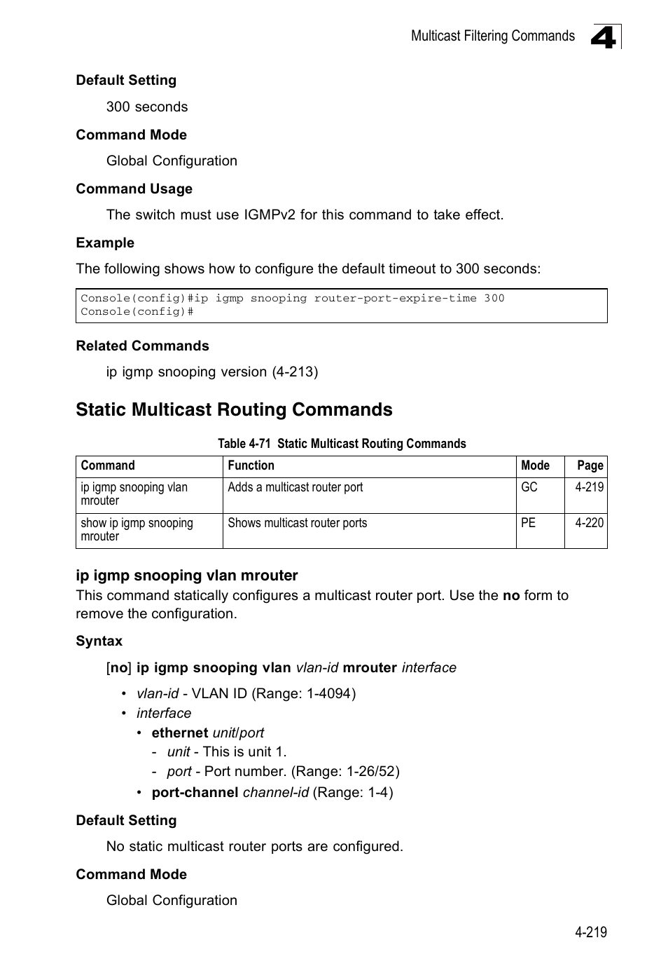 Static multicast routing commands, Ip igmp snooping vlan mrouter, Table 4-71 | Accton Technology ES3526XA User Manual | Page 461 / 512