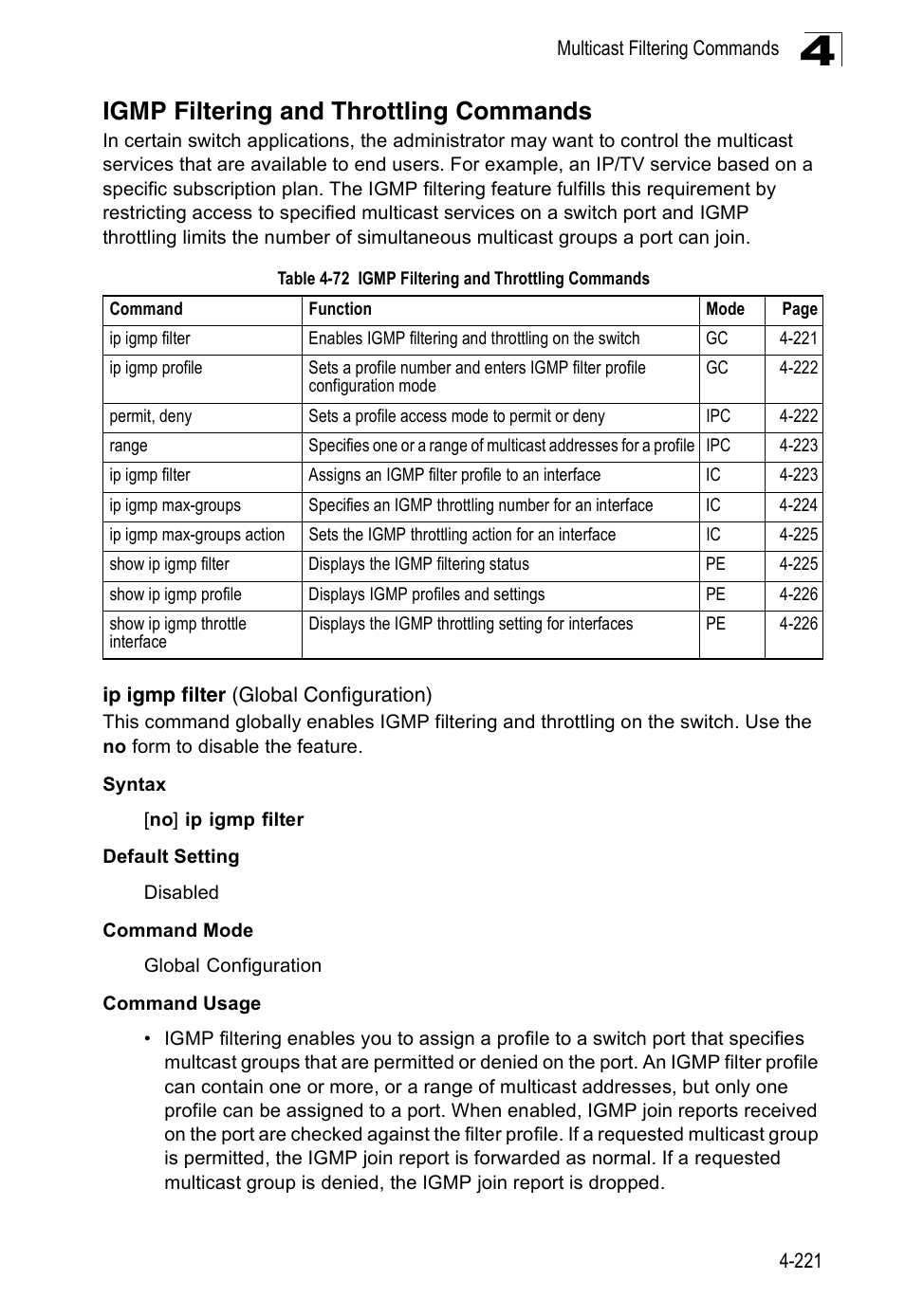 Igmp filtering and throttling commands, Ip igmp filter (global configuration), Table 4-72 | Accton Technology ES3526XA User Manual | Page 463 / 512