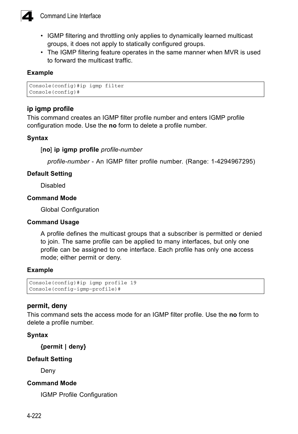 Ip igmp profile, Permit, deny | Accton Technology ES3526XA User Manual | Page 464 / 512