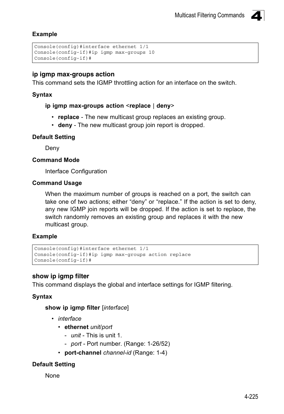 Ip igmp max-groups action, Show ip igmp filter | Accton Technology ES3526XA User Manual | Page 467 / 512