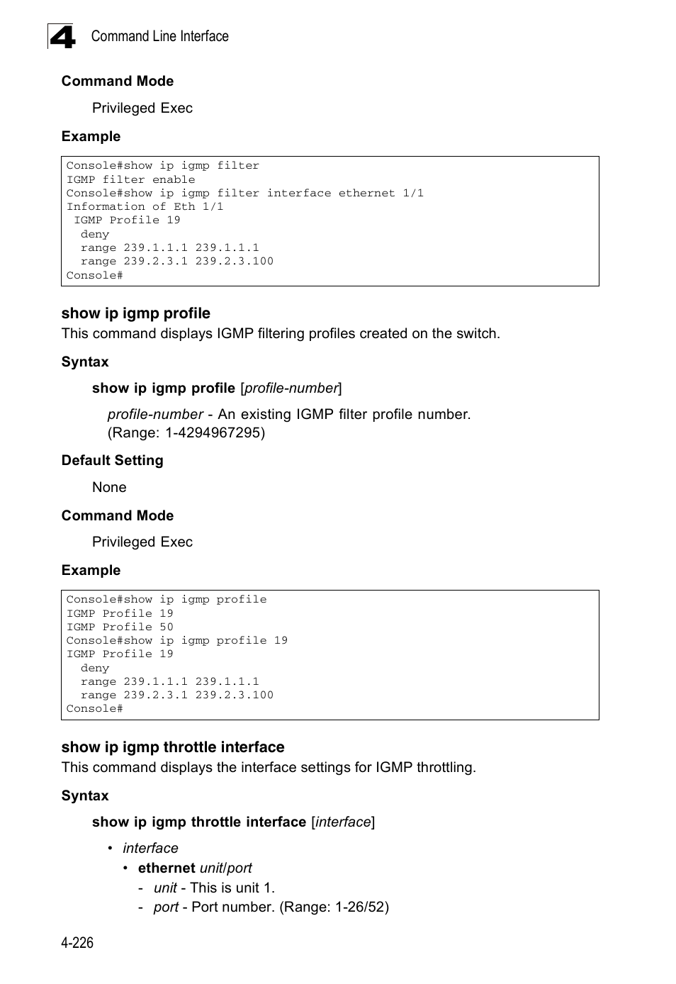 Show ip igmp profile, Show ip igmp throttle interface | Accton Technology ES3526XA User Manual | Page 468 / 512