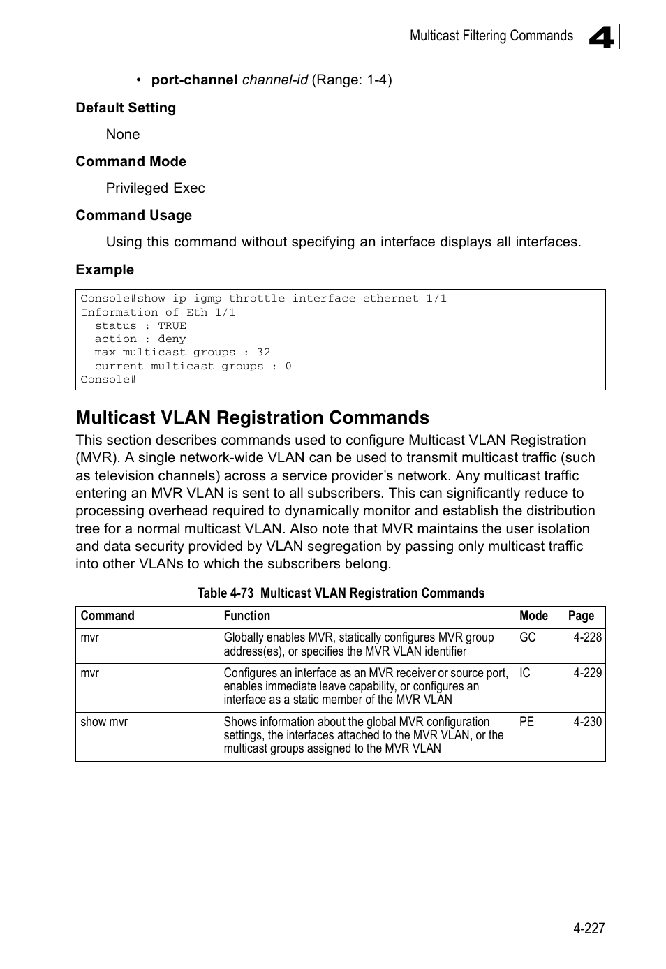 Multicast vlan registration commands, Table 4-73 | Accton Technology ES3526XA User Manual | Page 469 / 512