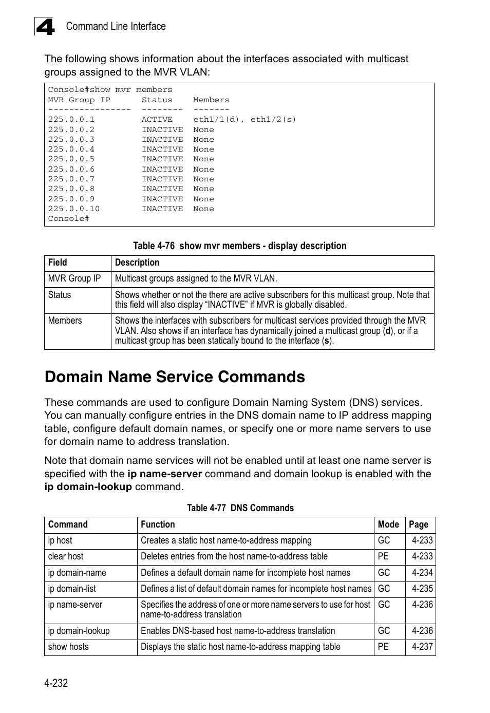 Domain name service commands, Table 4-76, Show mvr members - display description | Table 4-77, Dns commands | Accton Technology ES3526XA User Manual | Page 474 / 512