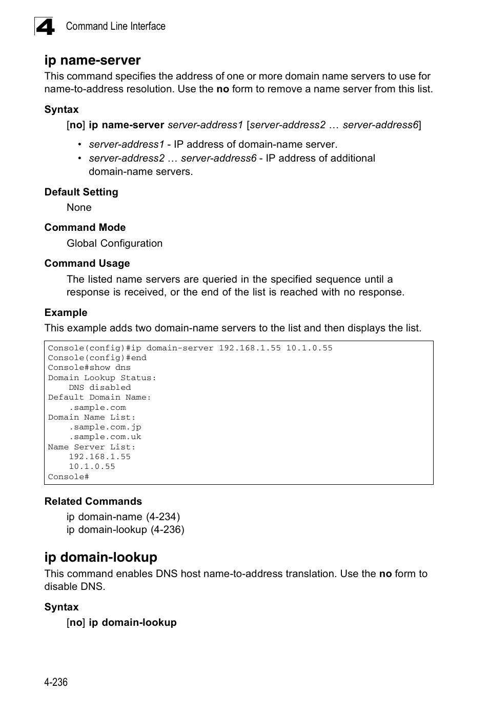 Ip name-server, Ip domain-lookup, He ip name-server | Accton Technology ES3526XA User Manual | Page 478 / 512