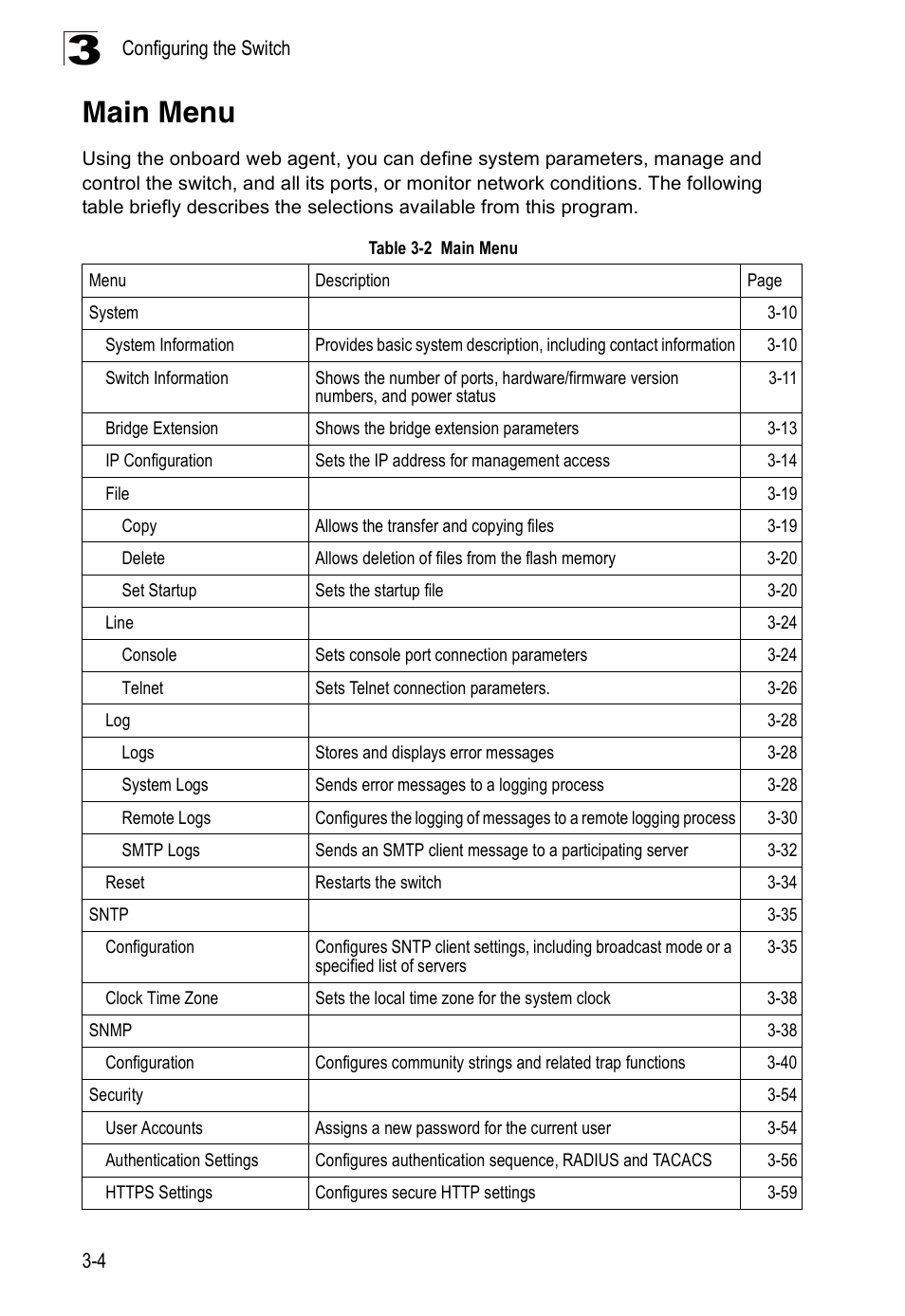 Main menu, Table 3-2 | Accton Technology ES3526XA User Manual | Page 48 / 512