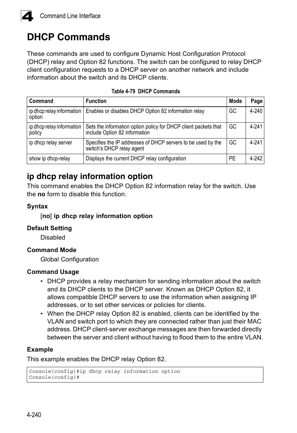 Dhcp commands, Ip dhcp relay information option, Table 4-79 | Accton Technology ES3526XA User Manual | Page 482 / 512
