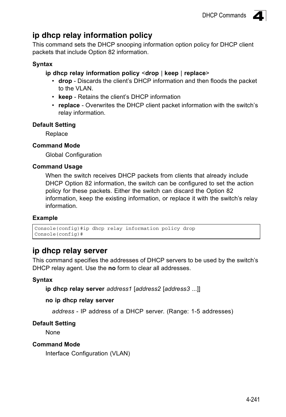 Ip dhcp relay information policy, Ip dhcp relay server | Accton Technology ES3526XA User Manual | Page 483 / 512