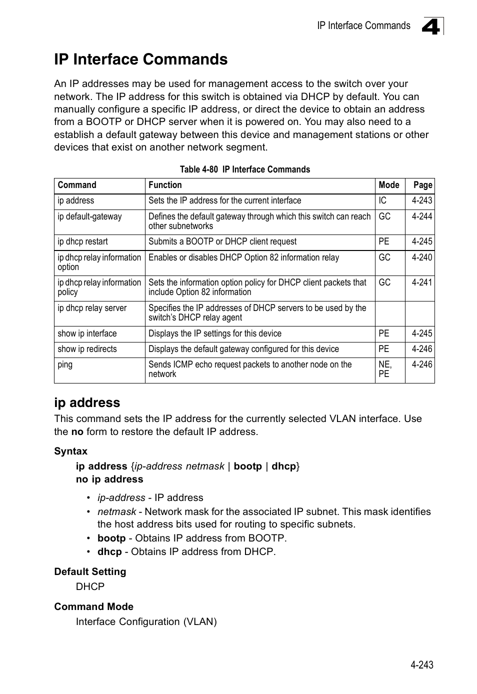 Ip interface commands, Ip address, Table 4-80 | Accton Technology ES3526XA User Manual | Page 485 / 512