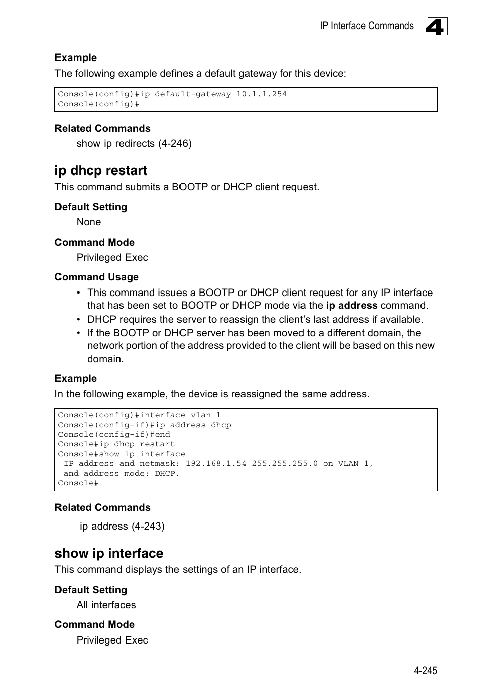 Ip dhcp restart, Show ip interface | Accton Technology ES3526XA User Manual | Page 487 / 512