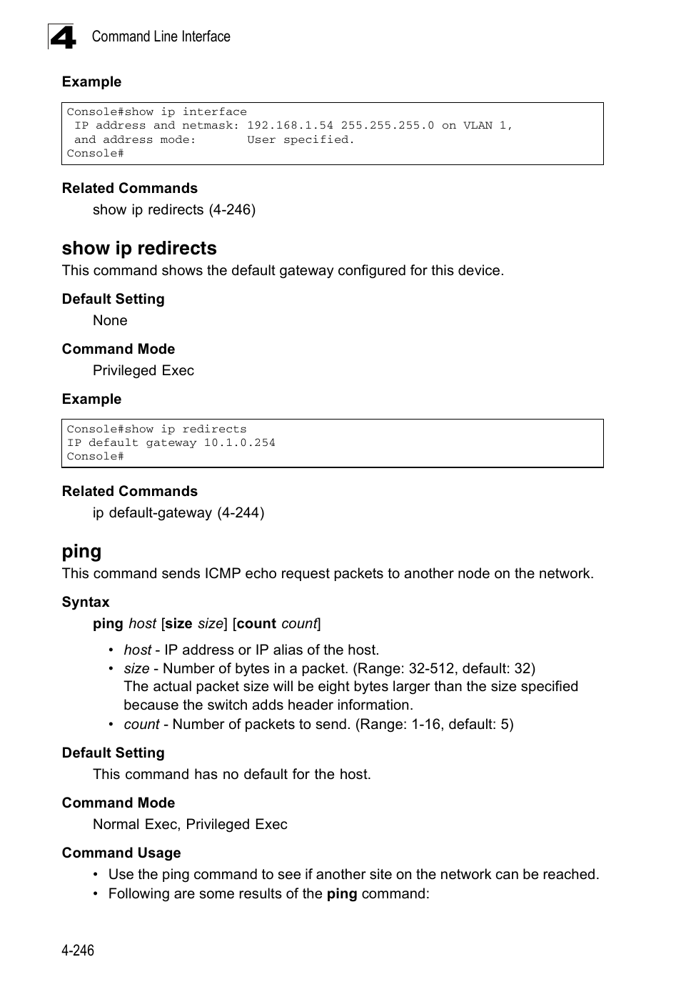 Show ip redirects, Ping, Ping 4-247 | Accton Technology ES3526XA User Manual | Page 488 / 512
