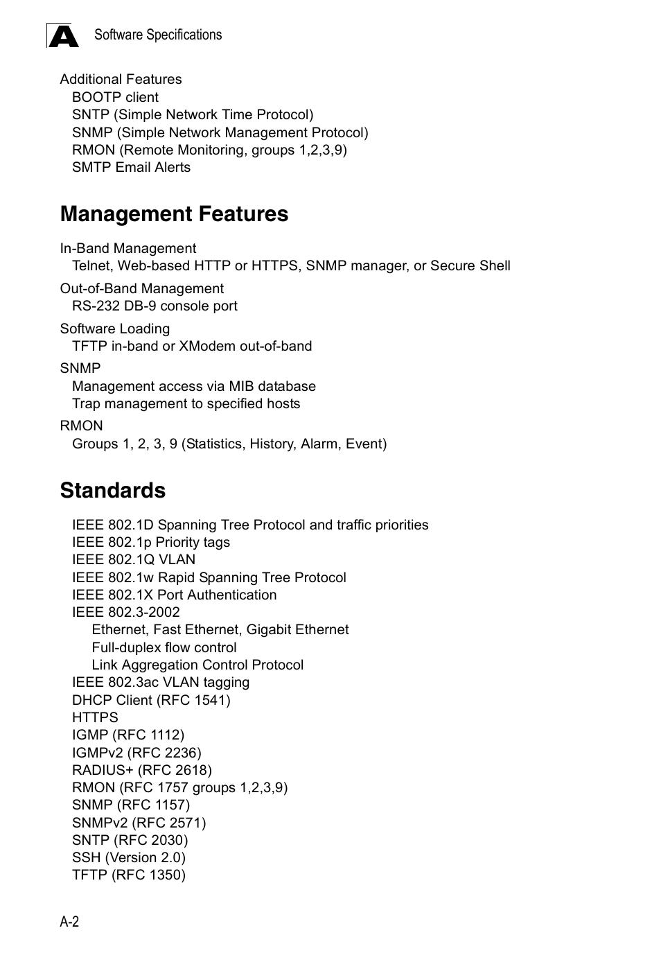 Management features, Standards, Standards a-2 | Accton Technology ES3526XA User Manual | Page 496 / 512