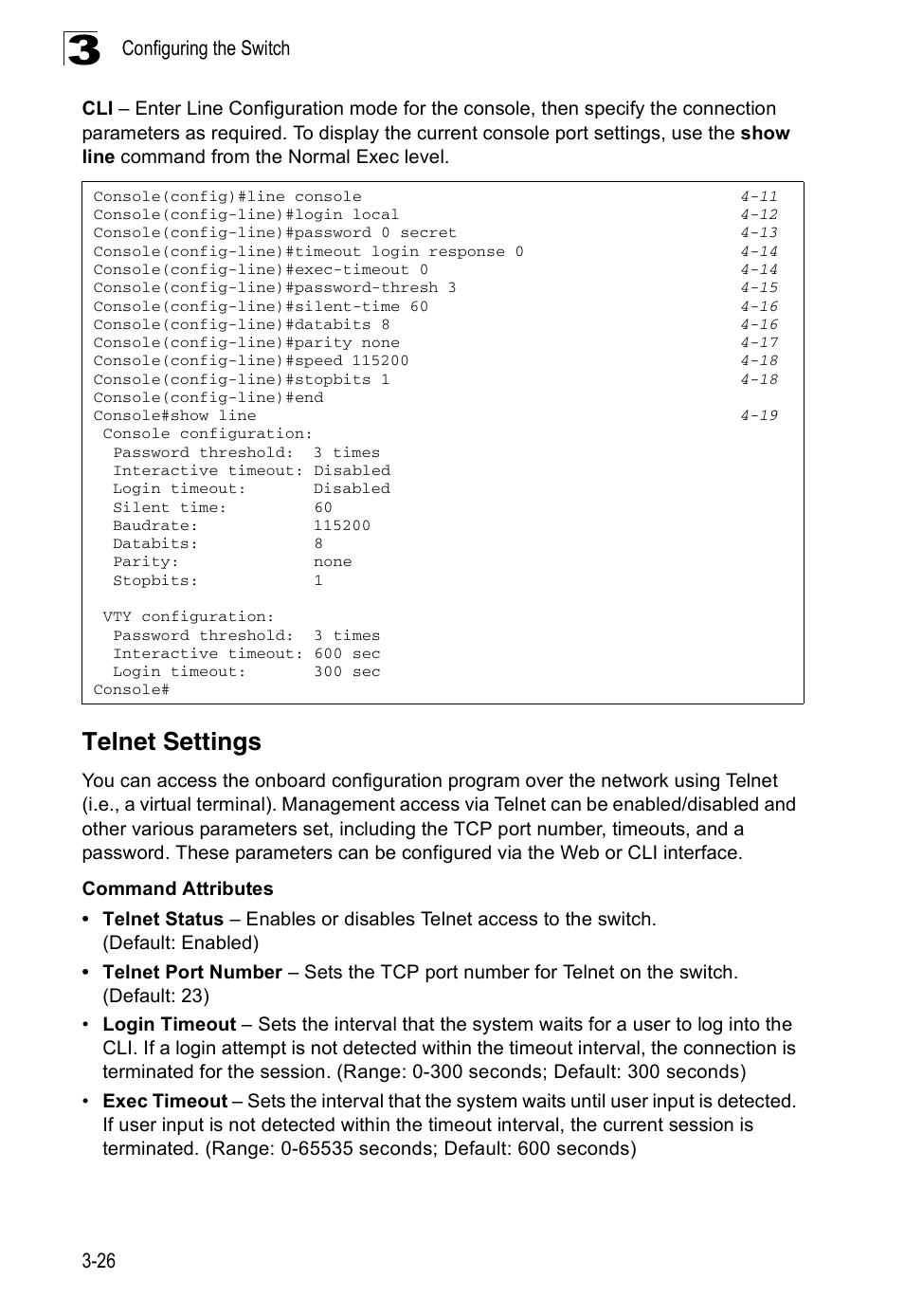 Telnet settings | Accton Technology ES3526XA User Manual | Page 70 / 512