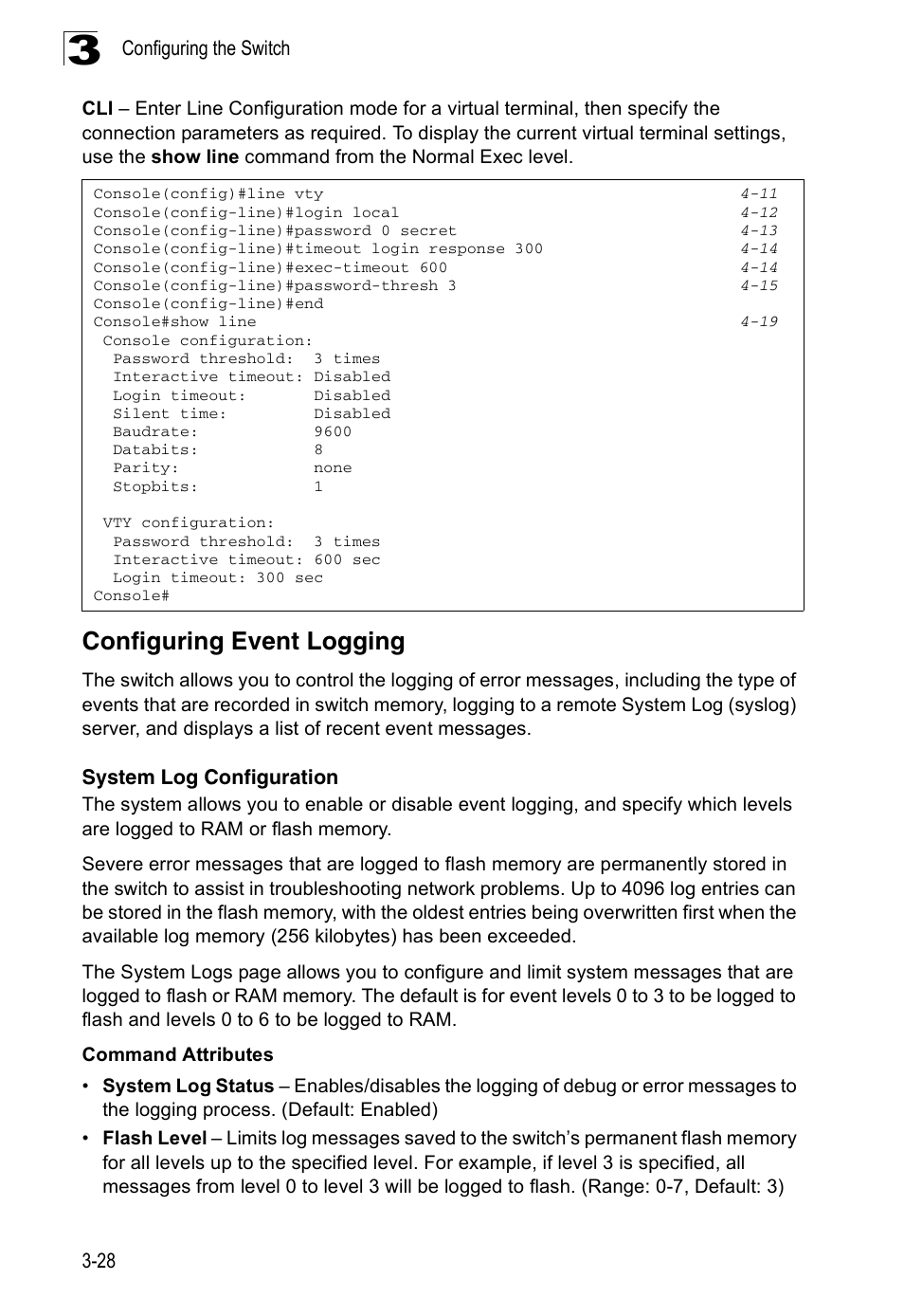 Configuring event logging, System log configuration | Accton Technology ES3526XA User Manual | Page 72 / 512