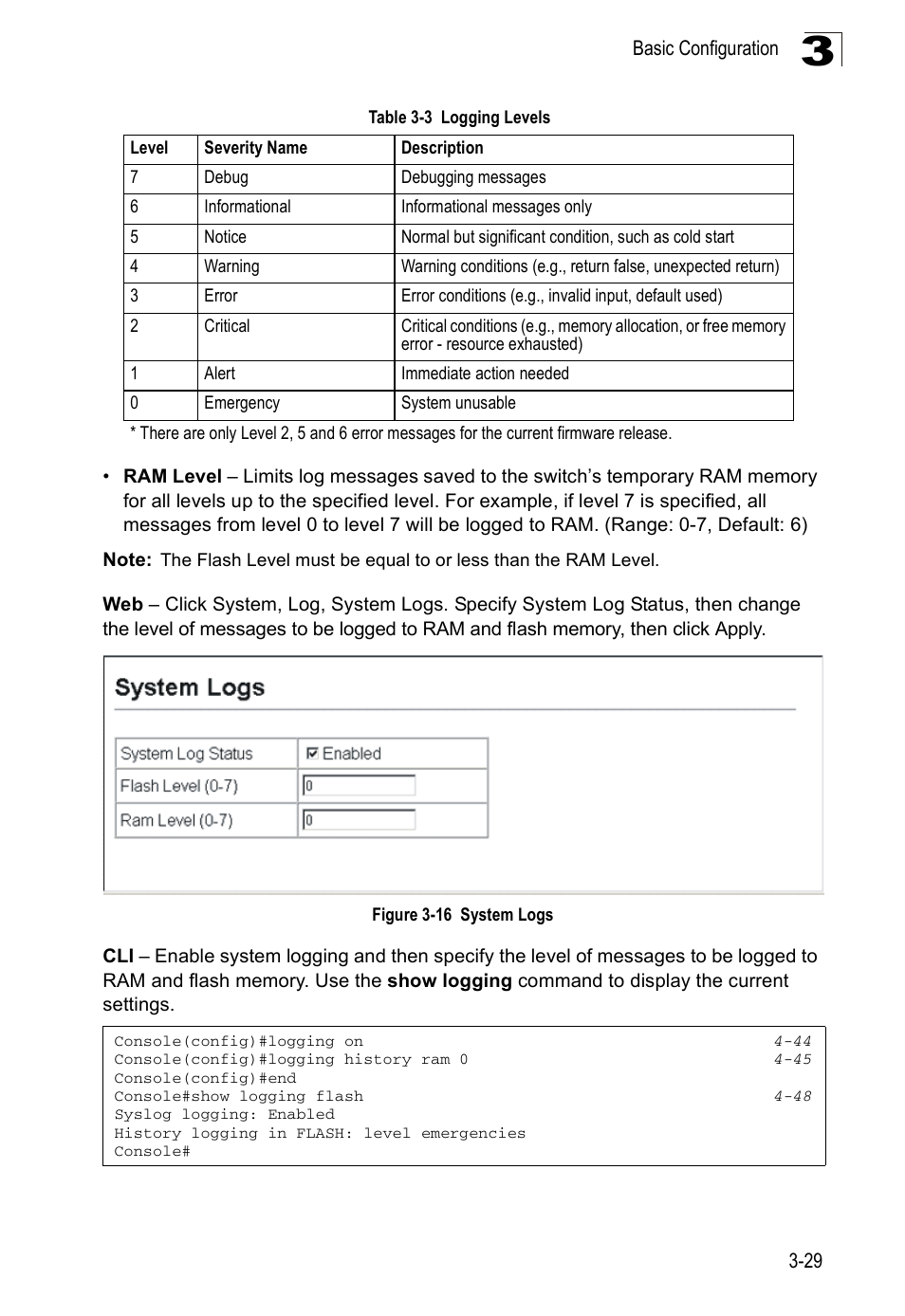 Table 3-3, Logging levels, Figure 3-16 system logs | Accton Technology ES3526XA User Manual | Page 73 / 512