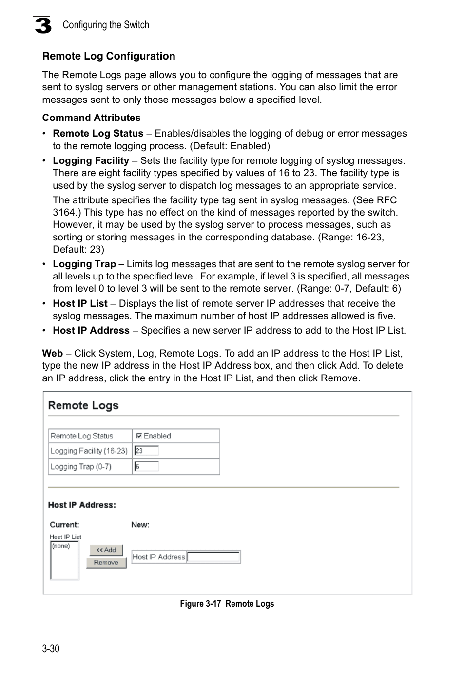Remote log configuration, Figure 3-17 remote logs | Accton Technology ES3526XA User Manual | Page 74 / 512
