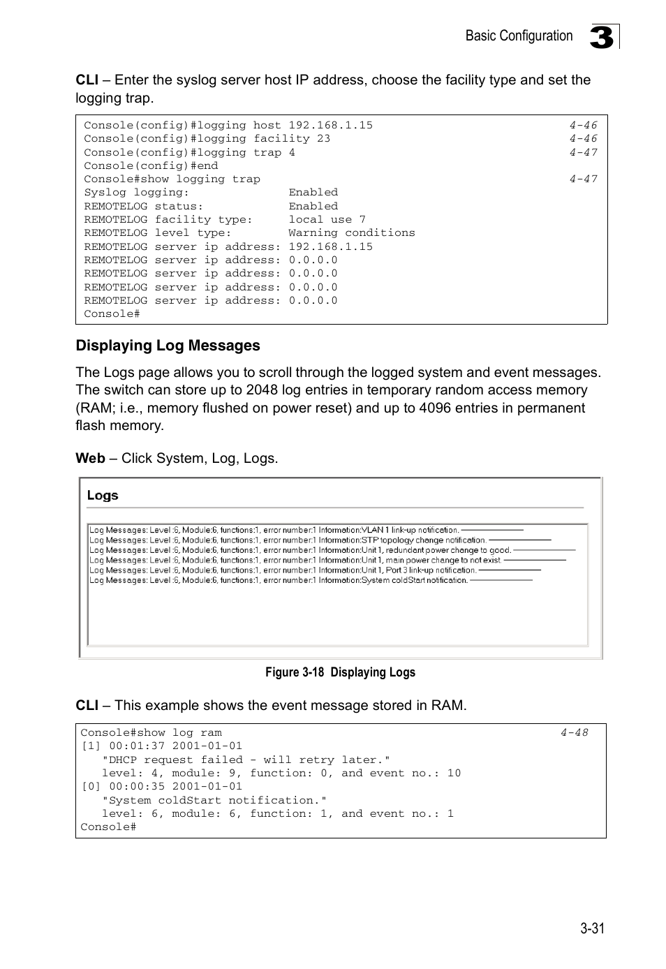 Displaying log messages, Figure 3-18 displaying logs | Accton Technology ES3526XA User Manual | Page 75 / 512