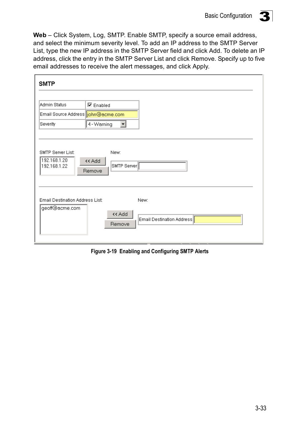 Figure 3-19 enabling and configuring smtp alerts | Accton Technology ES3526XA User Manual | Page 77 / 512