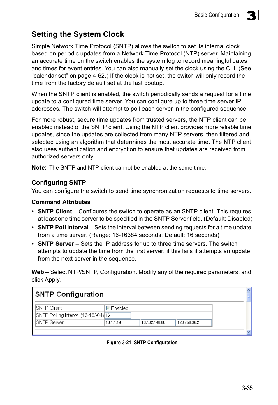 Setting the system clock, Configuring sntp, Figure 3-21 sntp configuration | Accton Technology ES3526XA User Manual | Page 79 / 512