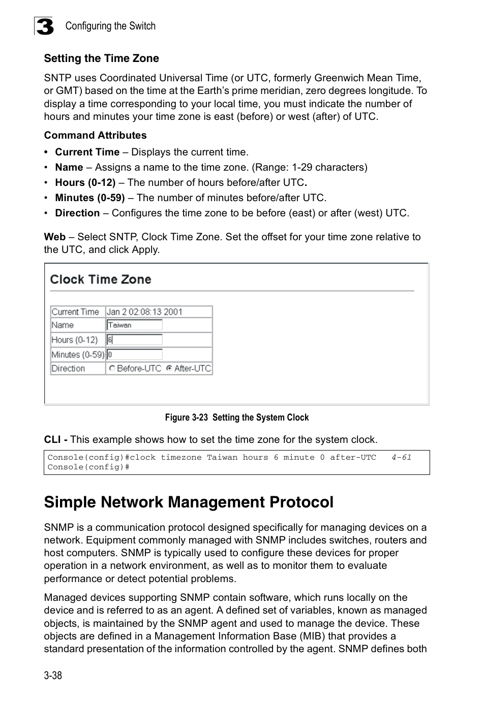 Simple network management protocol, Setting the time zone, Figure 3-23 setting the system clock | Accton Technology ES3526XA User Manual | Page 82 / 512