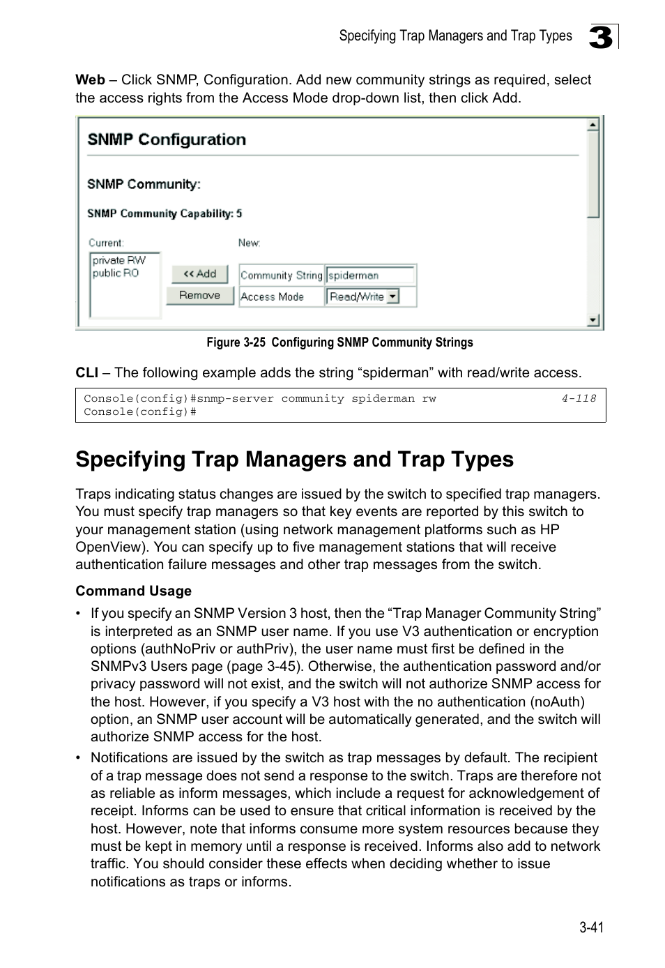 Specifying trap managers and trap types, Figure 3-25 configuring snmp community strings | Accton Technology ES3526XA User Manual | Page 85 / 512