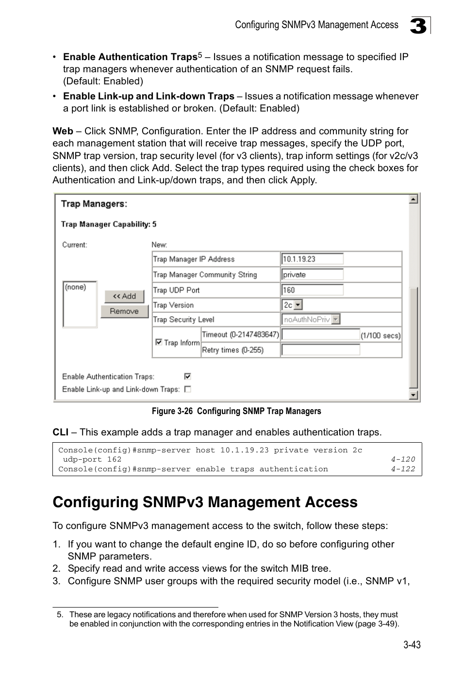 Configuring snmpv3 management access, Figure 3-26 configuring snmp trap managers | Accton Technology ES3526XA User Manual | Page 87 / 512