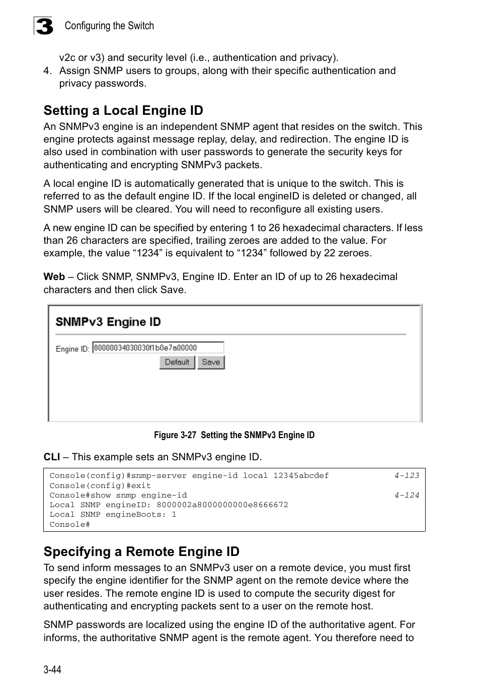 Setting a local engine id, Specifying a remote engine id, Figure 3-27 setting the snmpv3 engine id | Accton Technology ES3526XA User Manual | Page 88 / 512