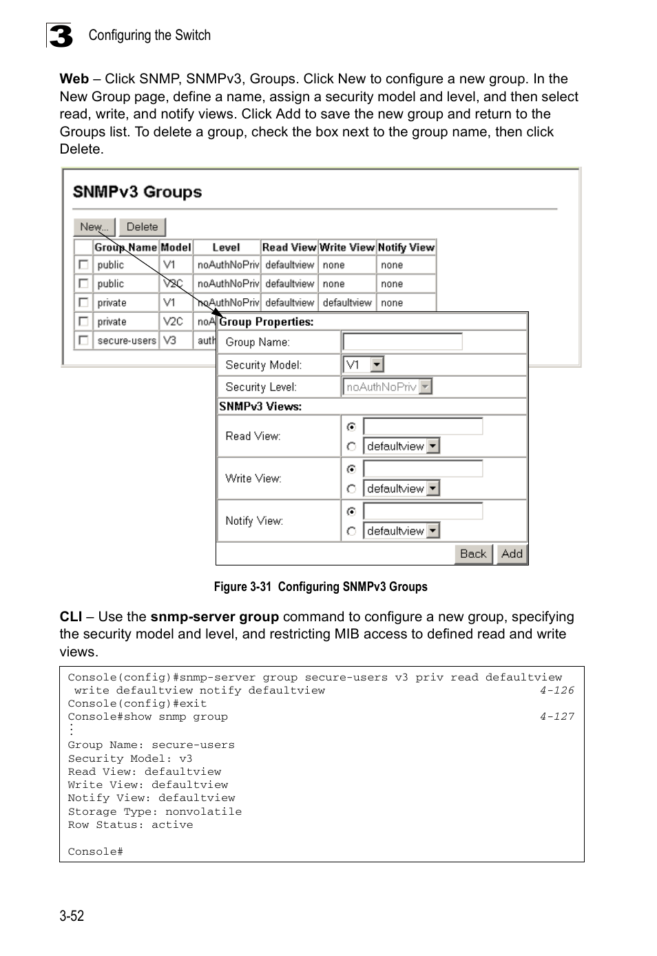 Figure 3-31 configuring snmpv3 groups | Accton Technology ES3526XA User Manual | Page 96 / 512