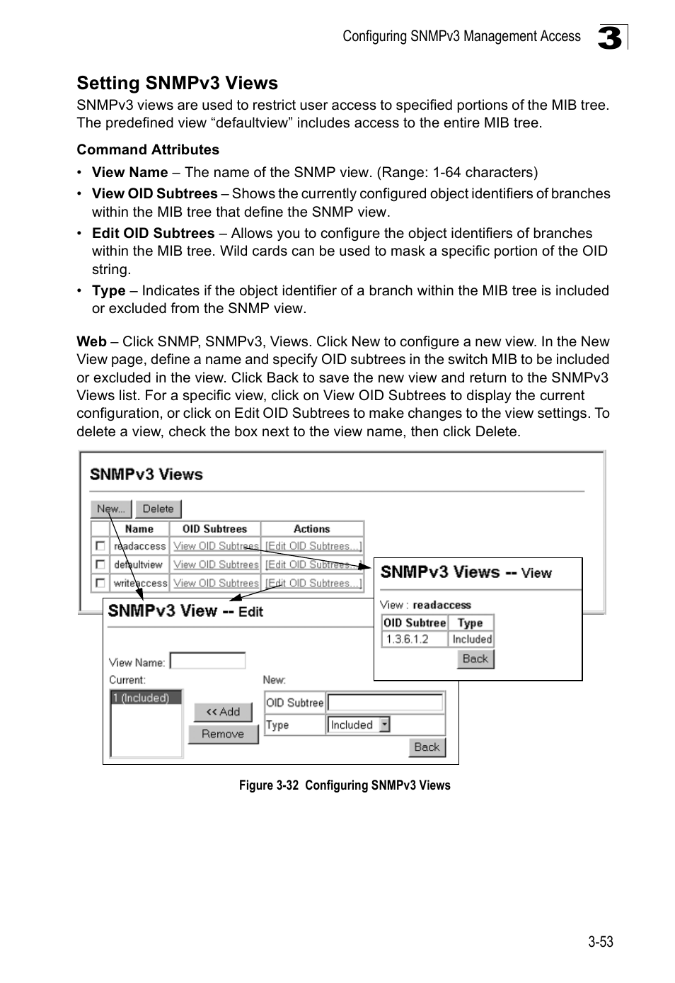 Setting snmpv3 views, Figure 3-32 configuring snmpv3 views | Accton Technology ES3526XA User Manual | Page 97 / 512
