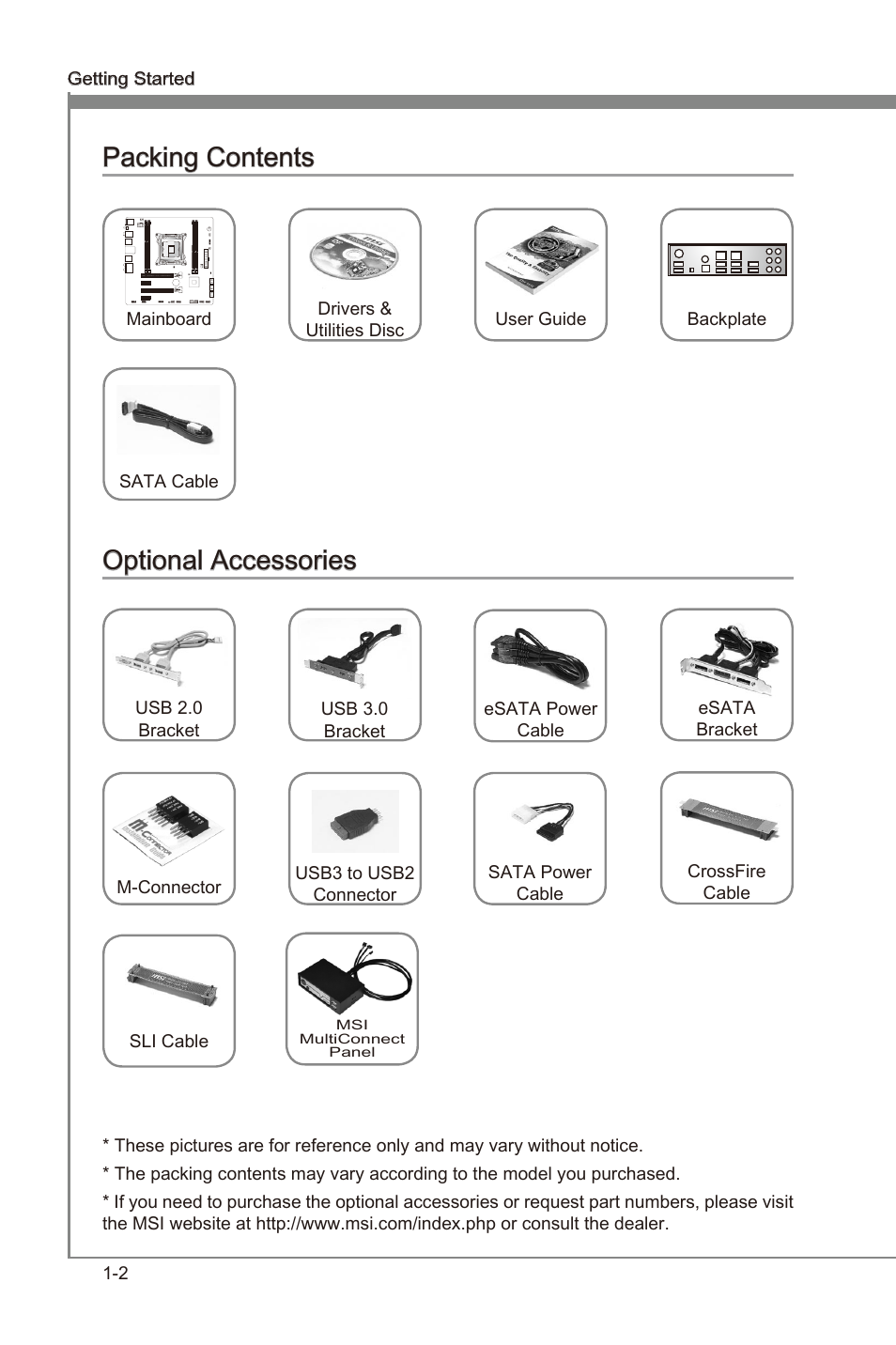 Packng contents -2 optonal accessores -2, Packng contents, Optonal accessores | MSI X79MA-GD45 User Manual | Page 12 / 84