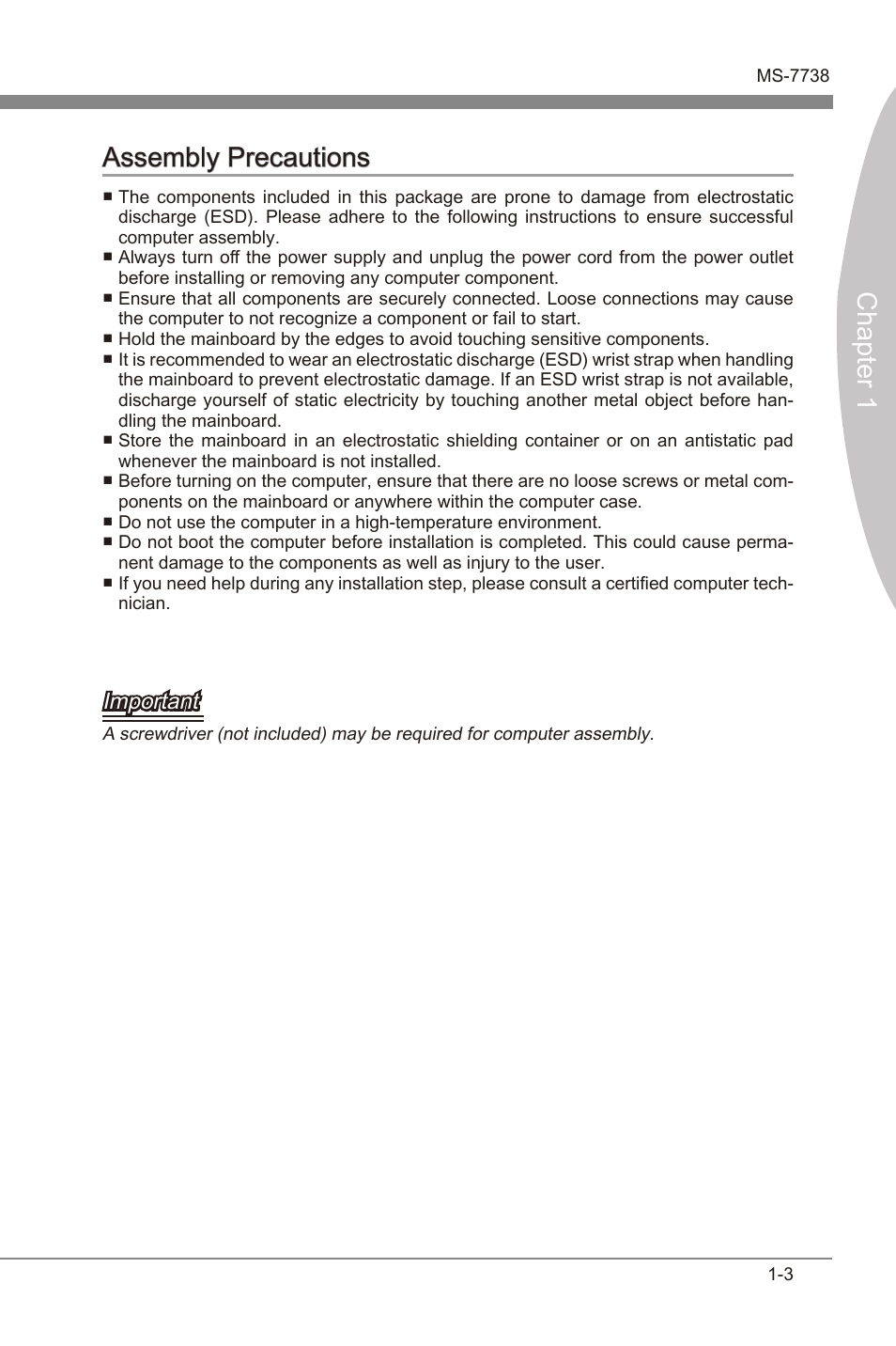 Assembly precautons -3, Chapter 1 assembly precautons, Important | MSI X79MA-GD45 User Manual | Page 13 / 84