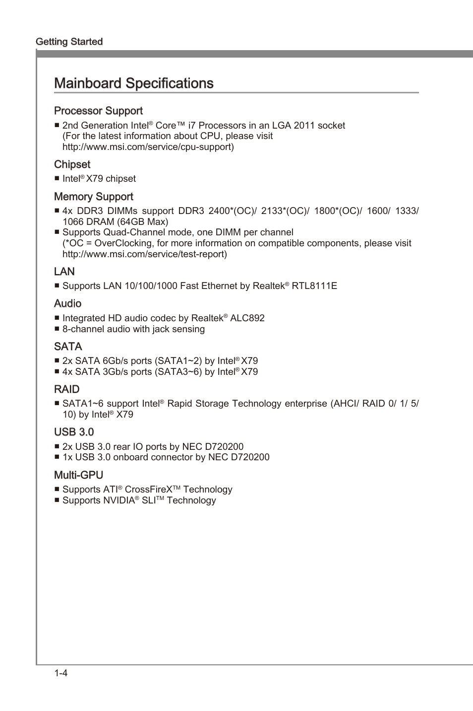 Manboard specficatons -4, Manboard specficatons | MSI X79MA-GD45 User Manual | Page 14 / 84