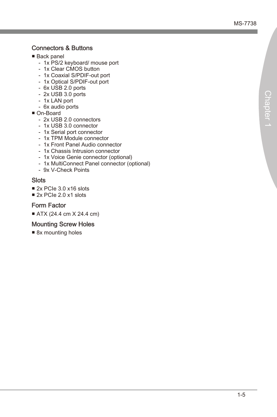 Chapter 1 | MSI X79MA-GD45 User Manual | Page 15 / 84