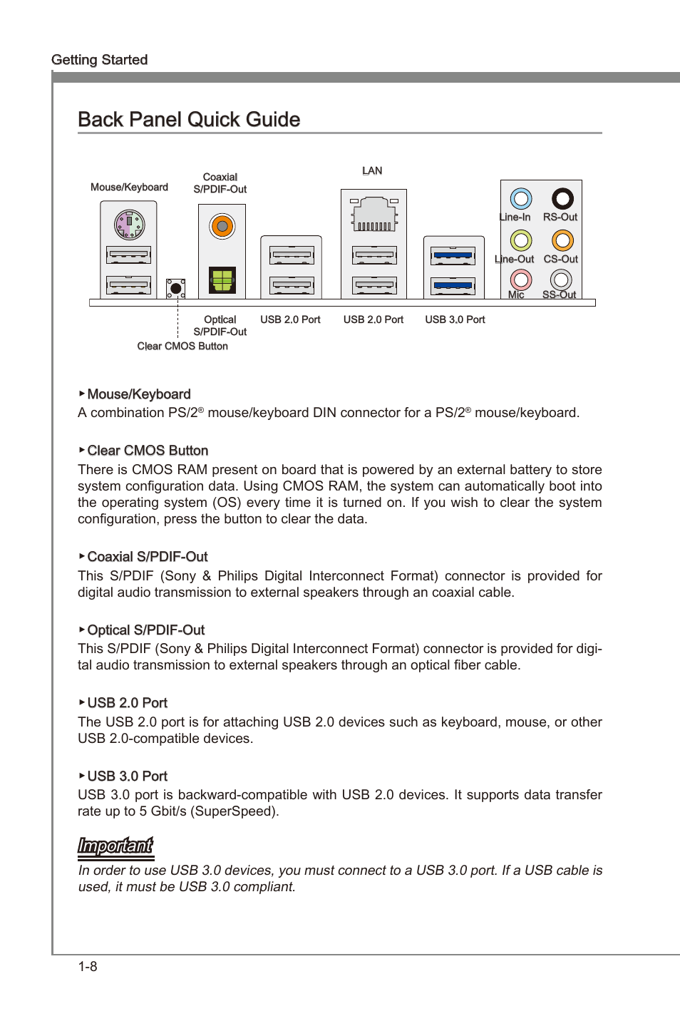 Back panel quck gude -8, Back panel quck gude, Important | MSI X79MA-GD45 User Manual | Page 18 / 84