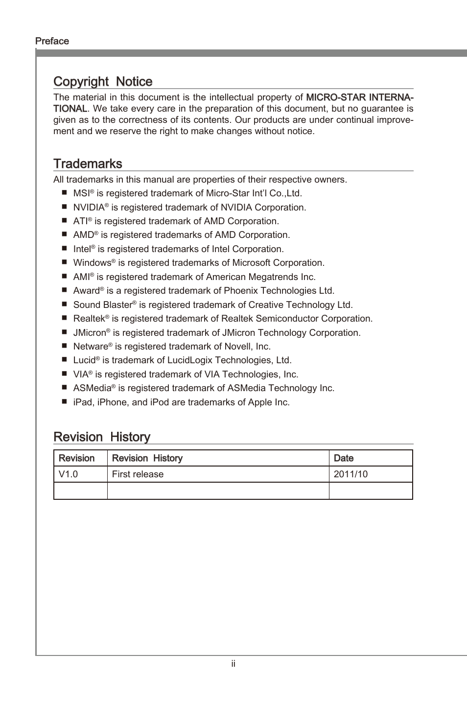 Preface, Copyrght notce, Trademarks | Revson hstory | MSI X79MA-GD45 User Manual | Page 2 / 84