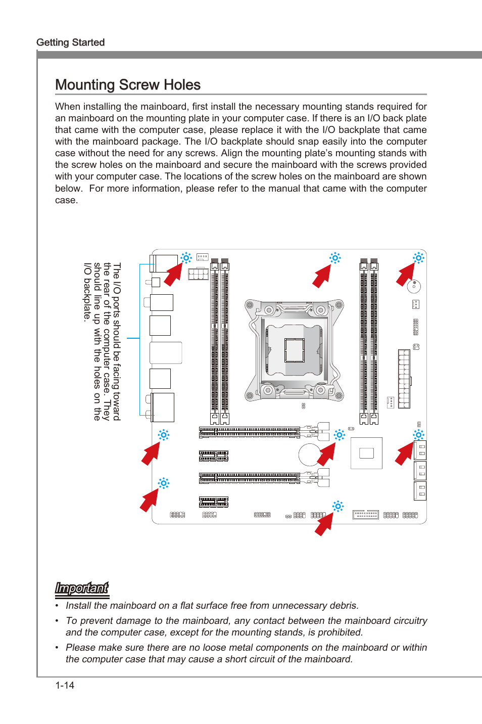 Mountng screw holes -14, Mountng screw holes, Important | MSI X79MA-GD45 User Manual | Page 24 / 84
