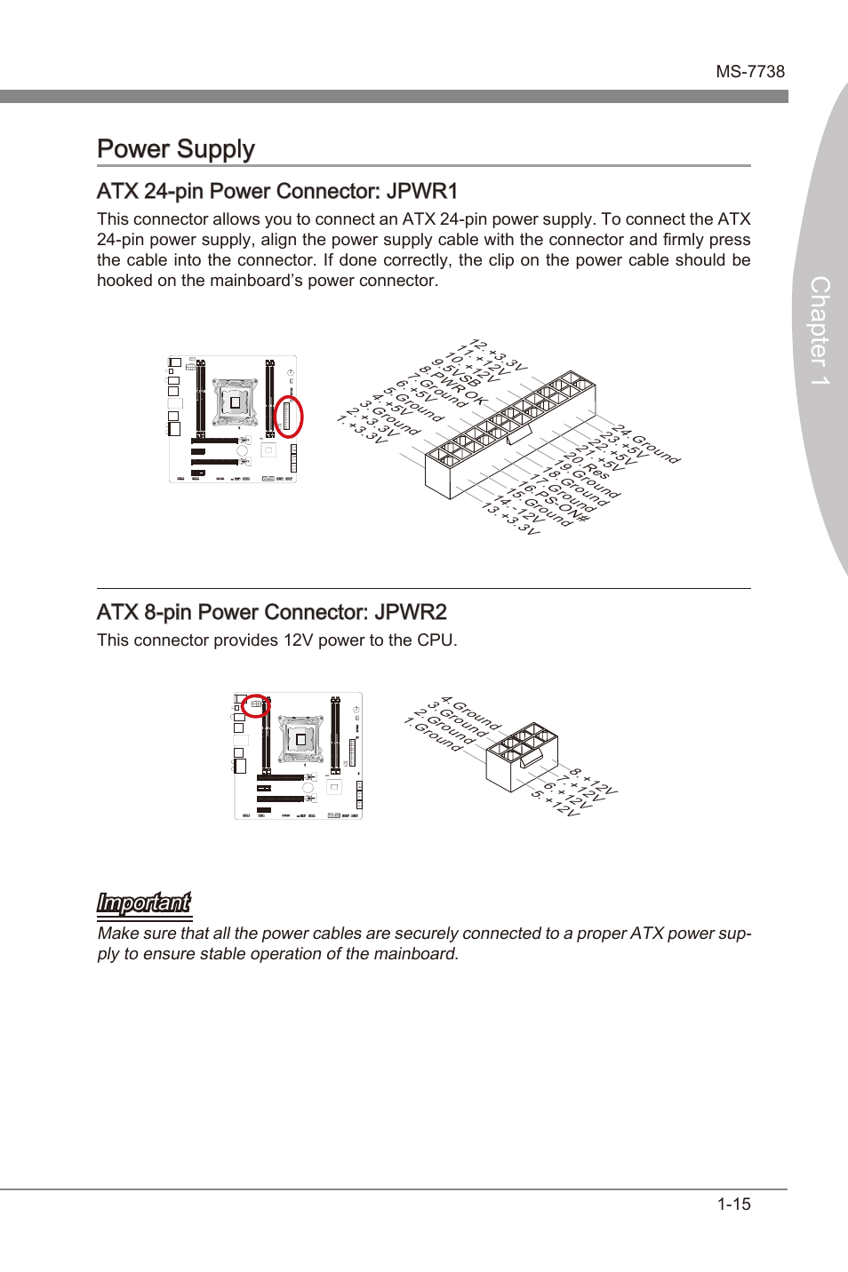 Atx 24-pin power connector: jpwr1, Atx 8-pin power connector: jpwr2, Power supply -15 | Atx 24-pn power connector, Jpwr1, Atx 8-pn power connector, Jpwr2, Chapter 1 power supply, Atx 24-pn power connector: jpwr1, Atx 8-pn power connector: jpwr2 | MSI X79MA-GD45 User Manual | Page 25 / 84