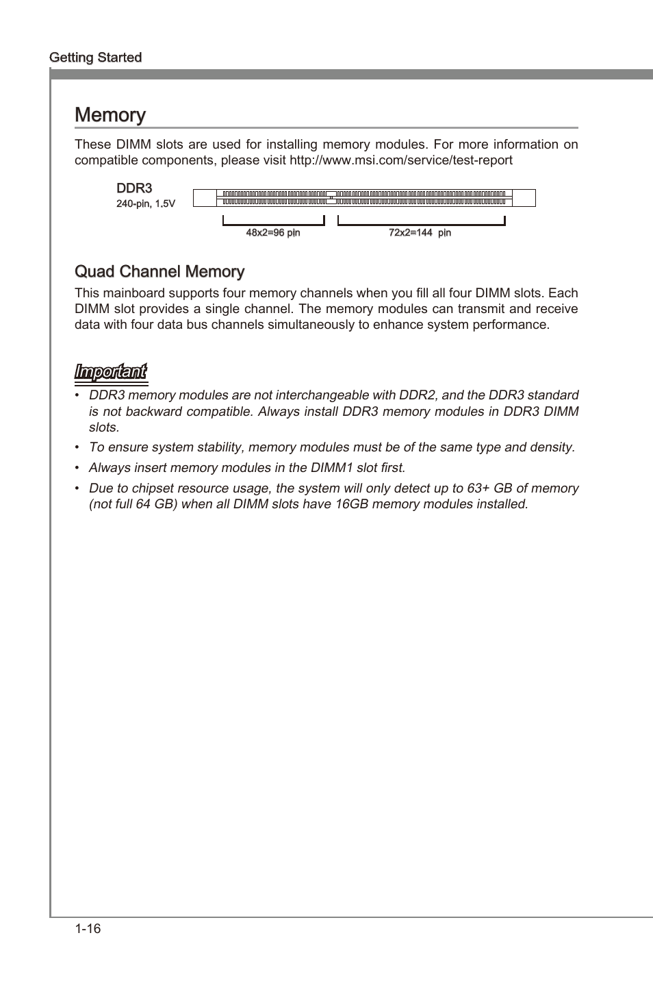 Quad channel memory, Memory -16, Dimm1~4 | Important | MSI X79MA-GD45 User Manual | Page 26 / 84