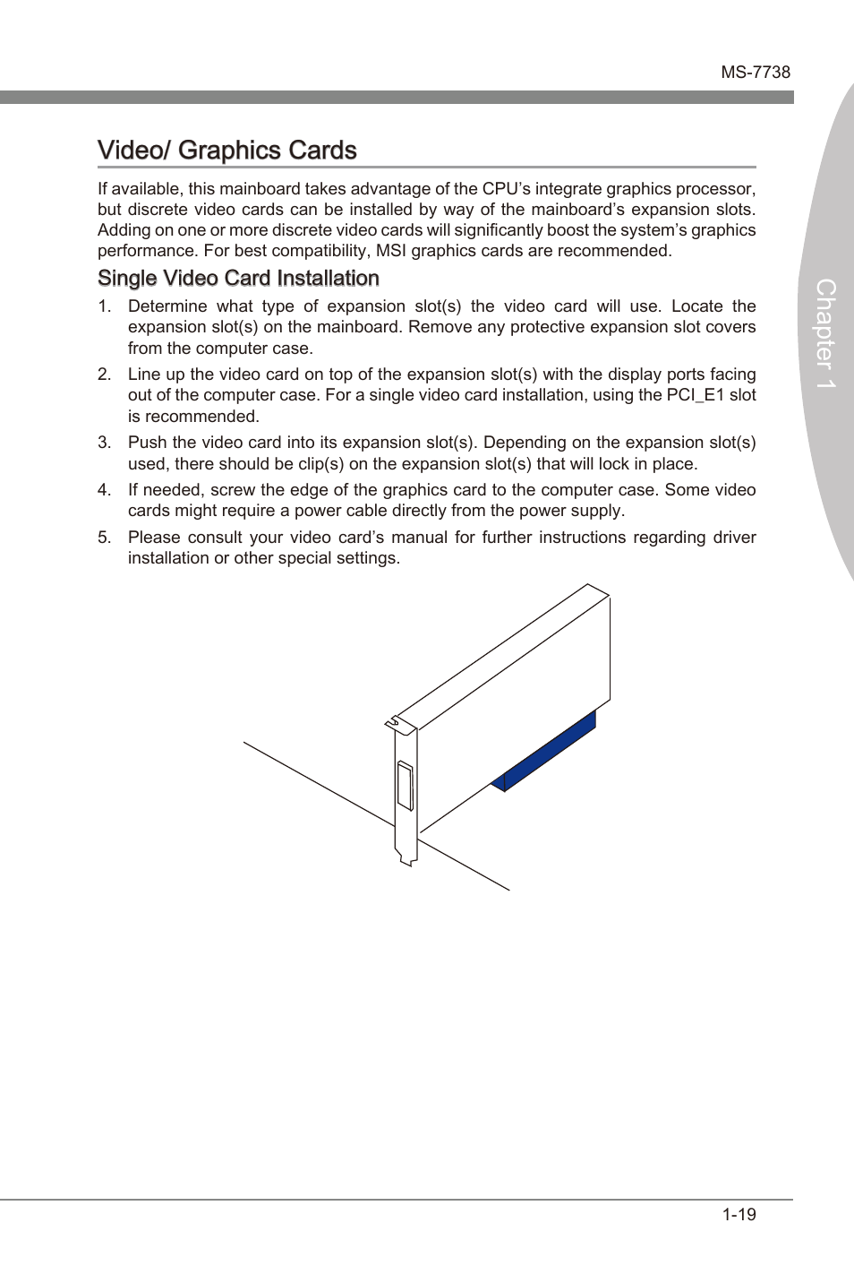 Vdeo/ graphcs cards -19, Chapter 1 vdeo/ graphcs cards, Sngle vdeo card installaton | MSI X79MA-GD45 User Manual | Page 29 / 84