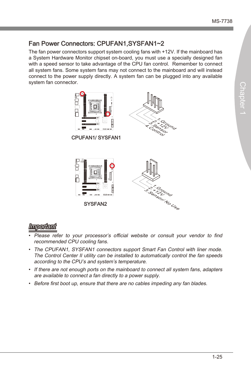 Fan power connectors: cpufan1,sysfan1~2, Chapter 1, Important | MSI X79MA-GD45 User Manual | Page 35 / 84