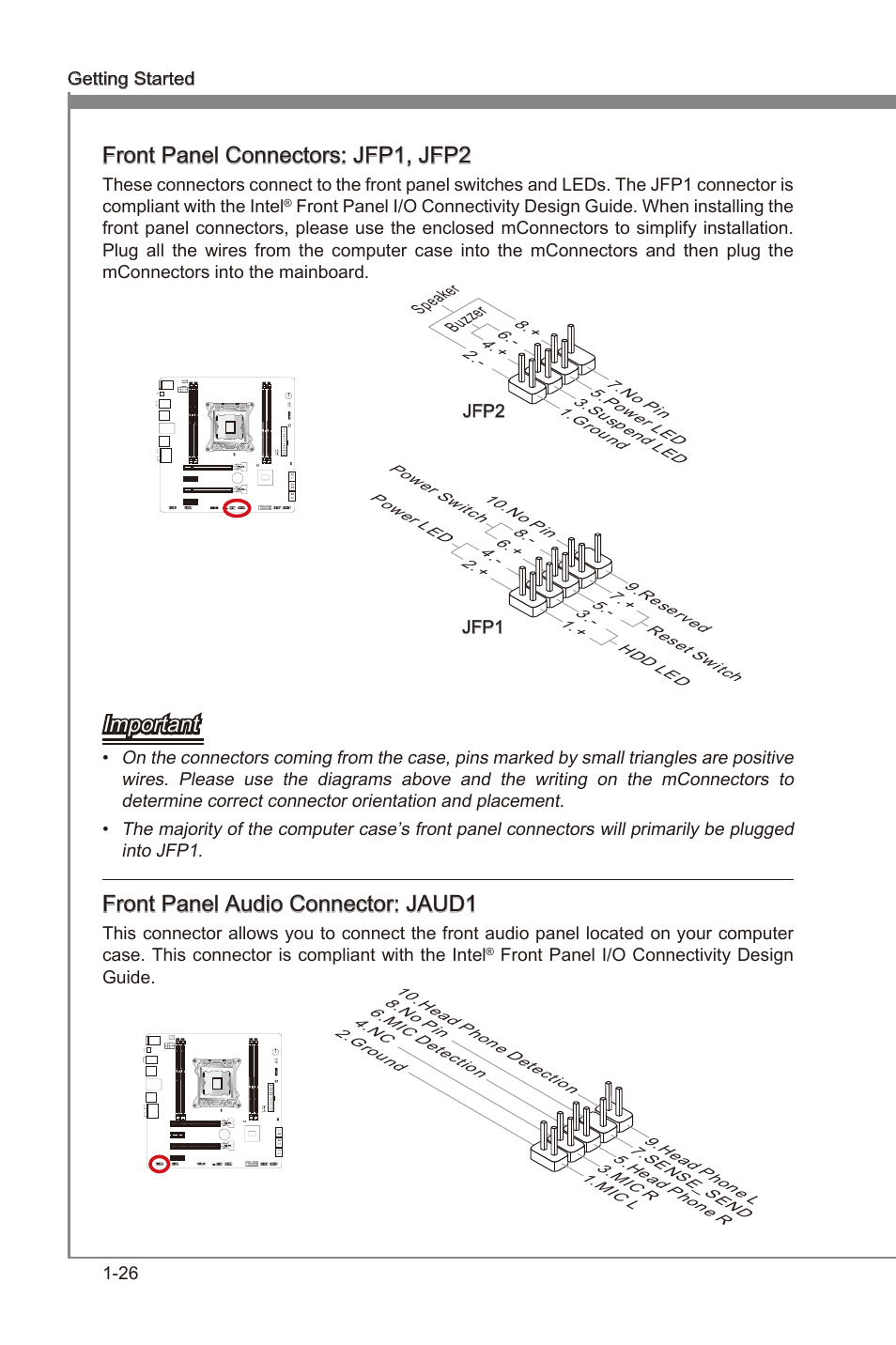 Front panel connectors: jfp1, jfp2, Front panel audio connector: jaud1, Front panel connectors | Jfp1, jfp2, Front panel audo connector, Jaud1, Important, Front panel audo connector: jaud1 | MSI X79MA-GD45 User Manual | Page 36 / 84