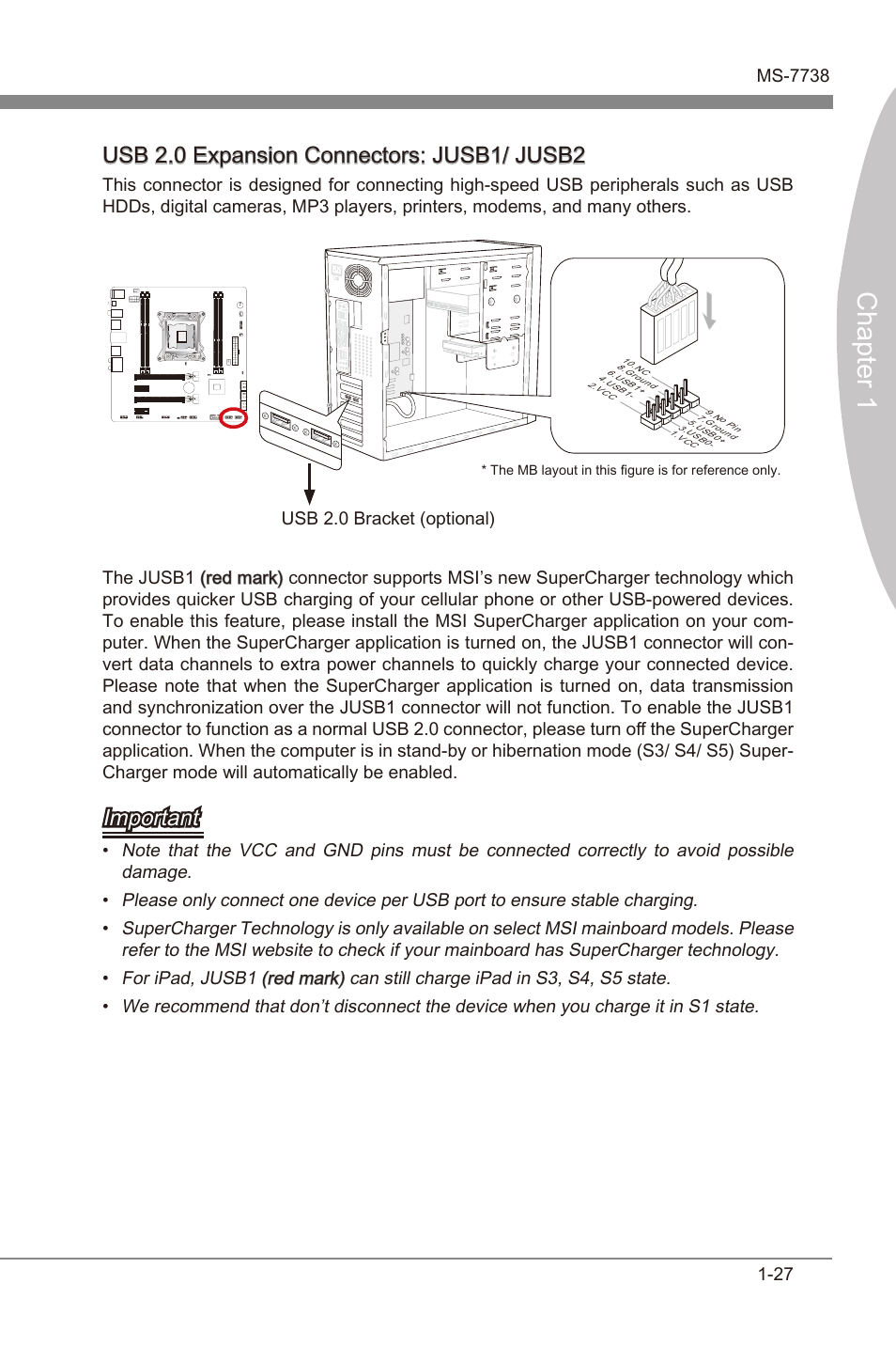 Usb 2.0 expansion connectors: jusb1/ jusb2, Usb 2.0 expanson connectors, Jusb1/ jusb2 | Chapter 1, Usb 2.0 expanson connectors: jusb1/ jusb2, Important | MSI X79MA-GD45 User Manual | Page 37 / 84