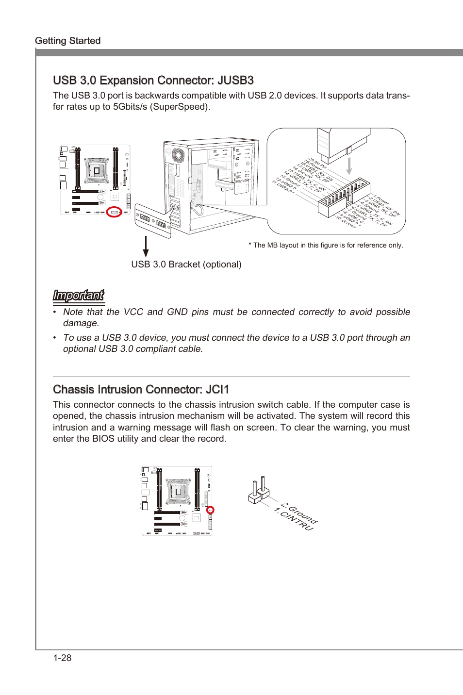 Usb 3.0 expansion connector: jusb3, Chassis intrusion connector: jci1, Usb 3.0 expanson connector | Jusb3, Chasss intruson connector, Jci1, Usb 3.0 expanson connector: jusb3, Important, Chasss intruson connector: jci1, 28 gettng started | MSI X79MA-GD45 User Manual | Page 38 / 84