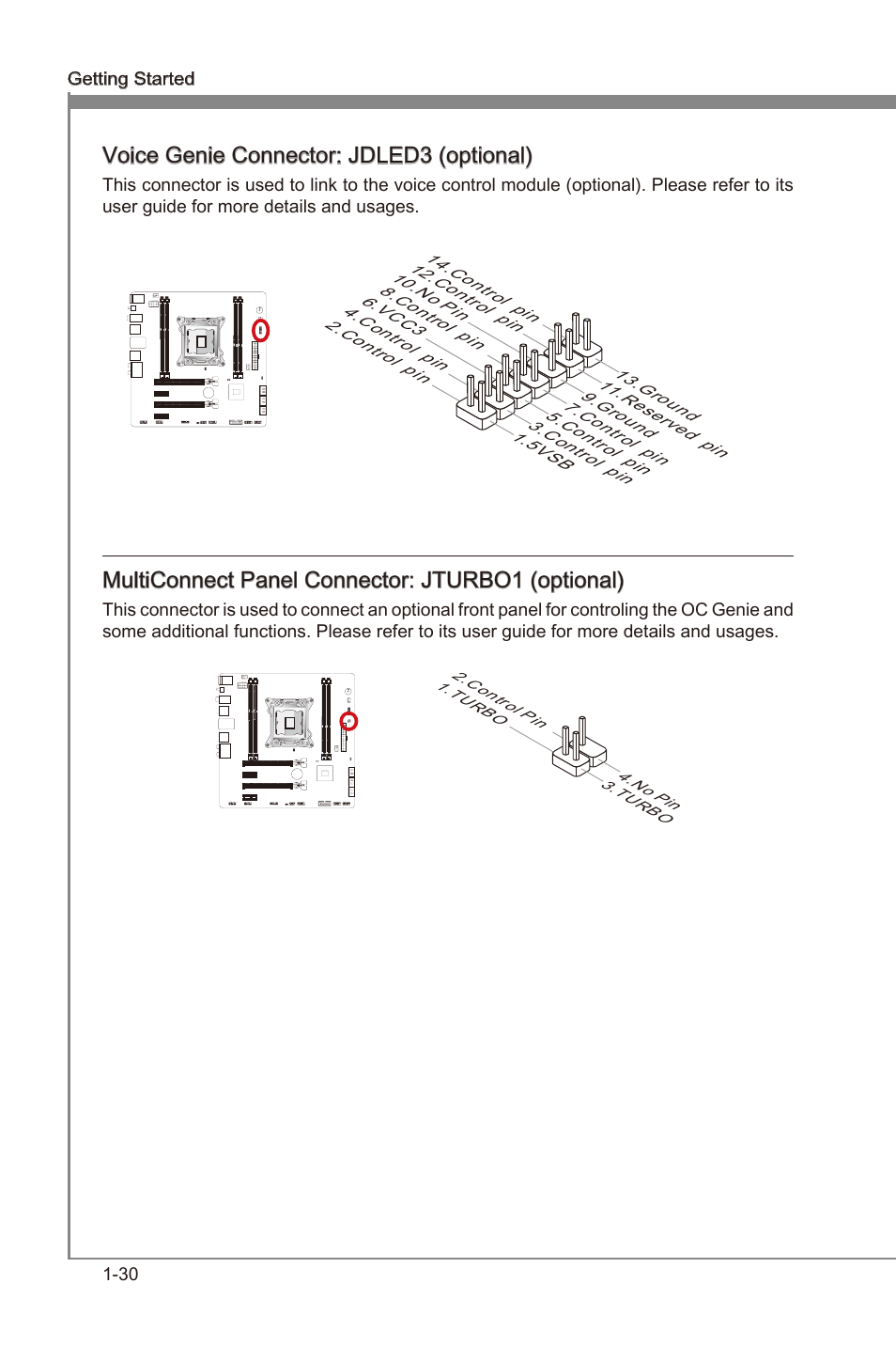 Voice genie connector: jdled3 (optional), Multiconnect panel connector: jturbo1 (optional), Voce gene connector | Jdled3, Multconnect panel connector, Jturbo1, Voce gene connector: jdled3 (optonal), Multconnect panel connector: jturbo1 (optonal) | MSI X79MA-GD45 User Manual | Page 40 / 84