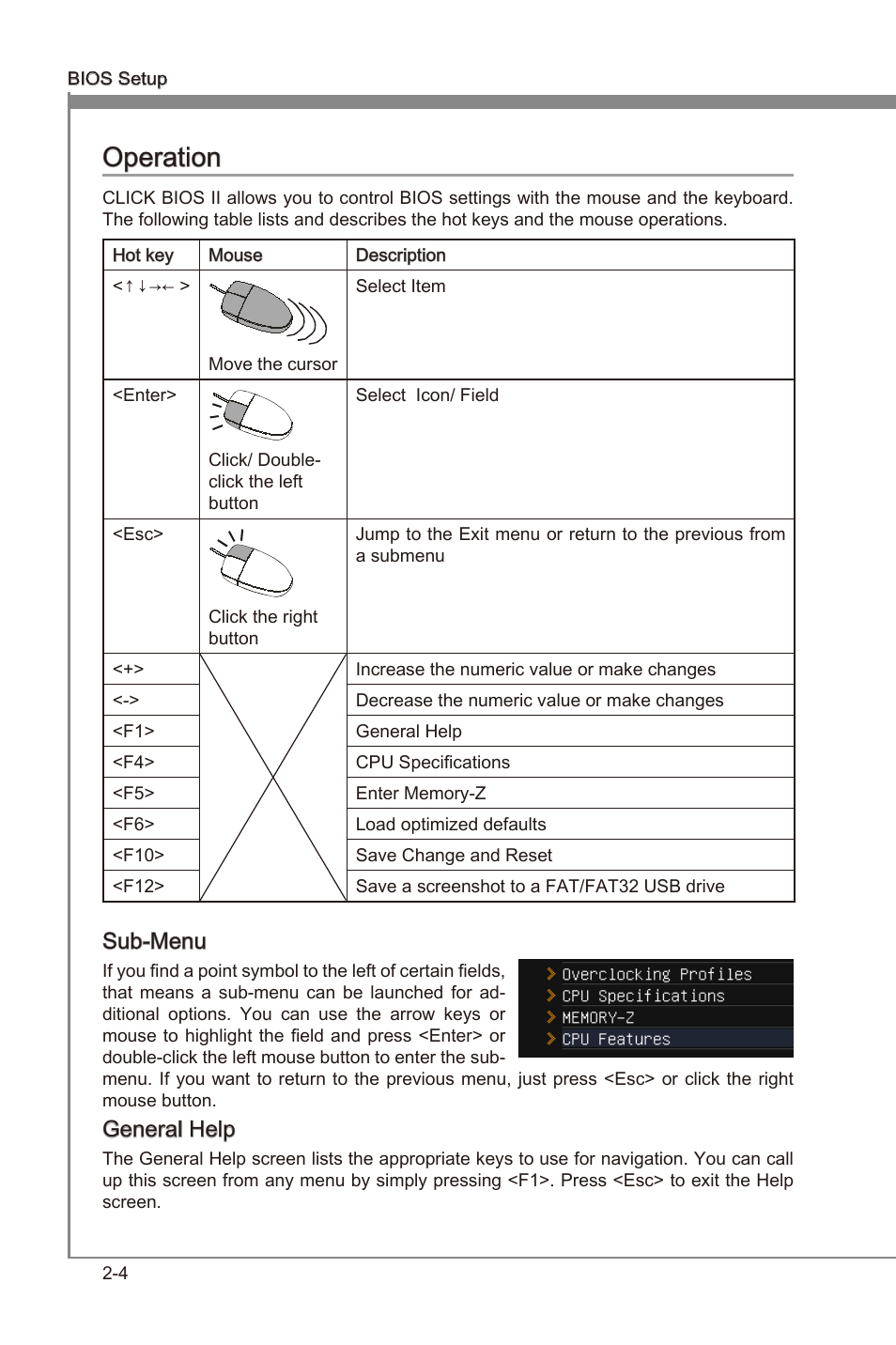 Operaton -4, Chapter 2, Chapter 2 operaton | Sub-menu, General help | MSI X79MA-GD45 User Manual | Page 48 / 84