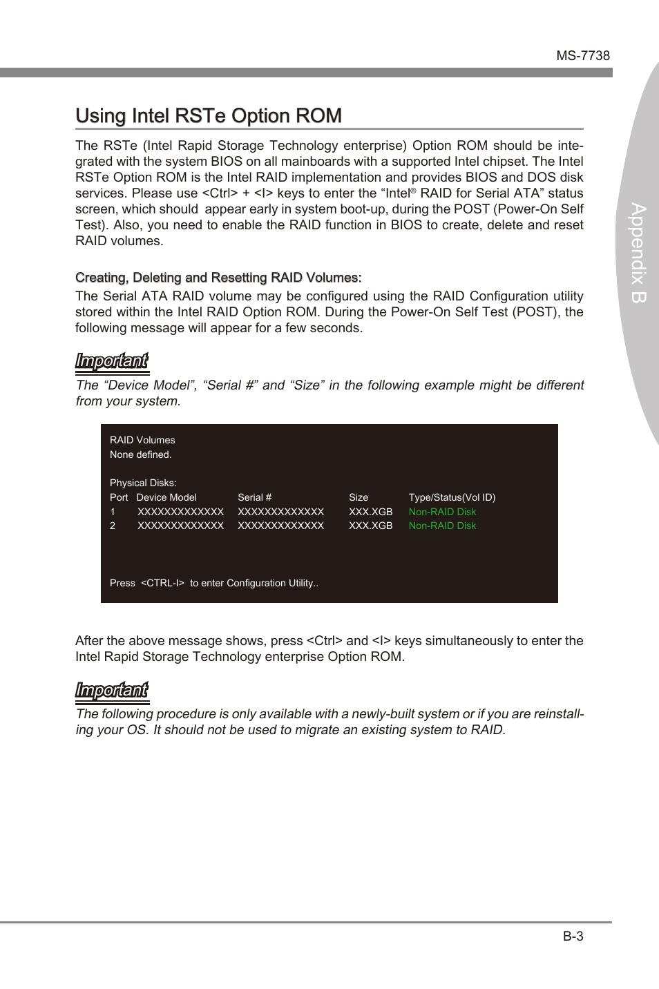 Append x b, Append x b usng intel rste opton rom, Important | MSI X79MA-GD45 User Manual | Page 75 / 84