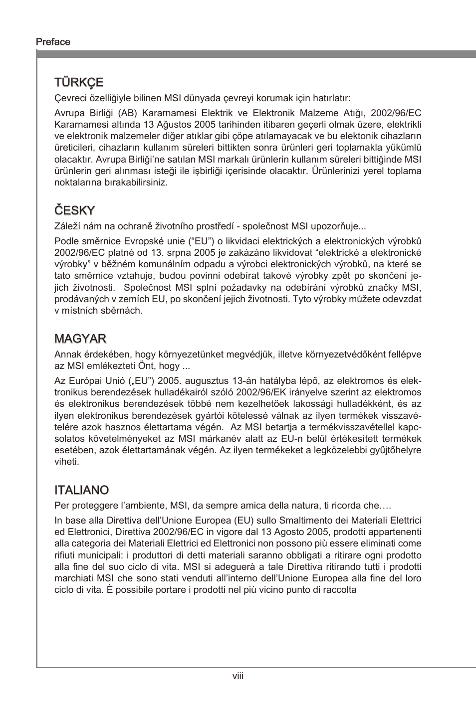 Preface, Türkçe, Česky | Magyar, Italiano | MSI X79MA-GD45 User Manual | Page 8 / 84