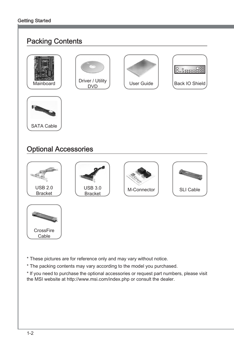 Packng contents -2 optonal accessores -2, Packng contents, Optonal accessores | MSI X79A-GD45 PLUS Manual User Manual | Page 14 / 96