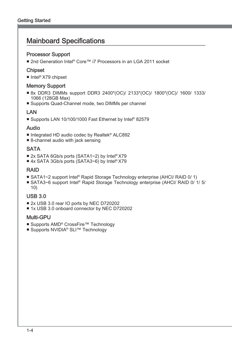 Manboard specficatons -4, Manboard specficatons | MSI X79A-GD45 PLUS Manual User Manual | Page 16 / 96