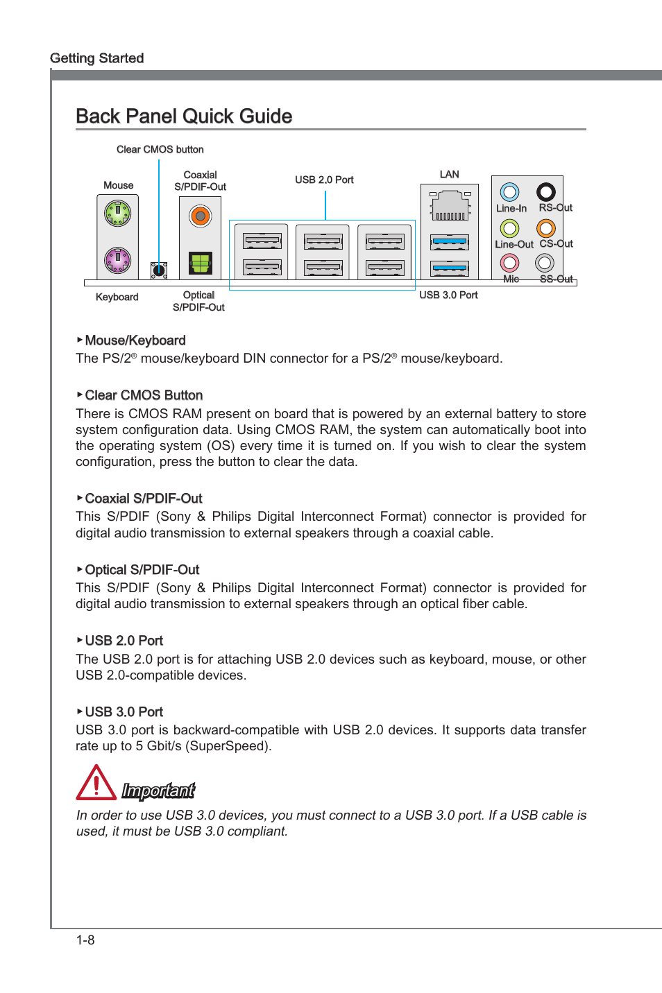 Back panel quck gude -8, Back panel quck gude, Important | MSI X79A-GD45 PLUS Manual User Manual | Page 20 / 96