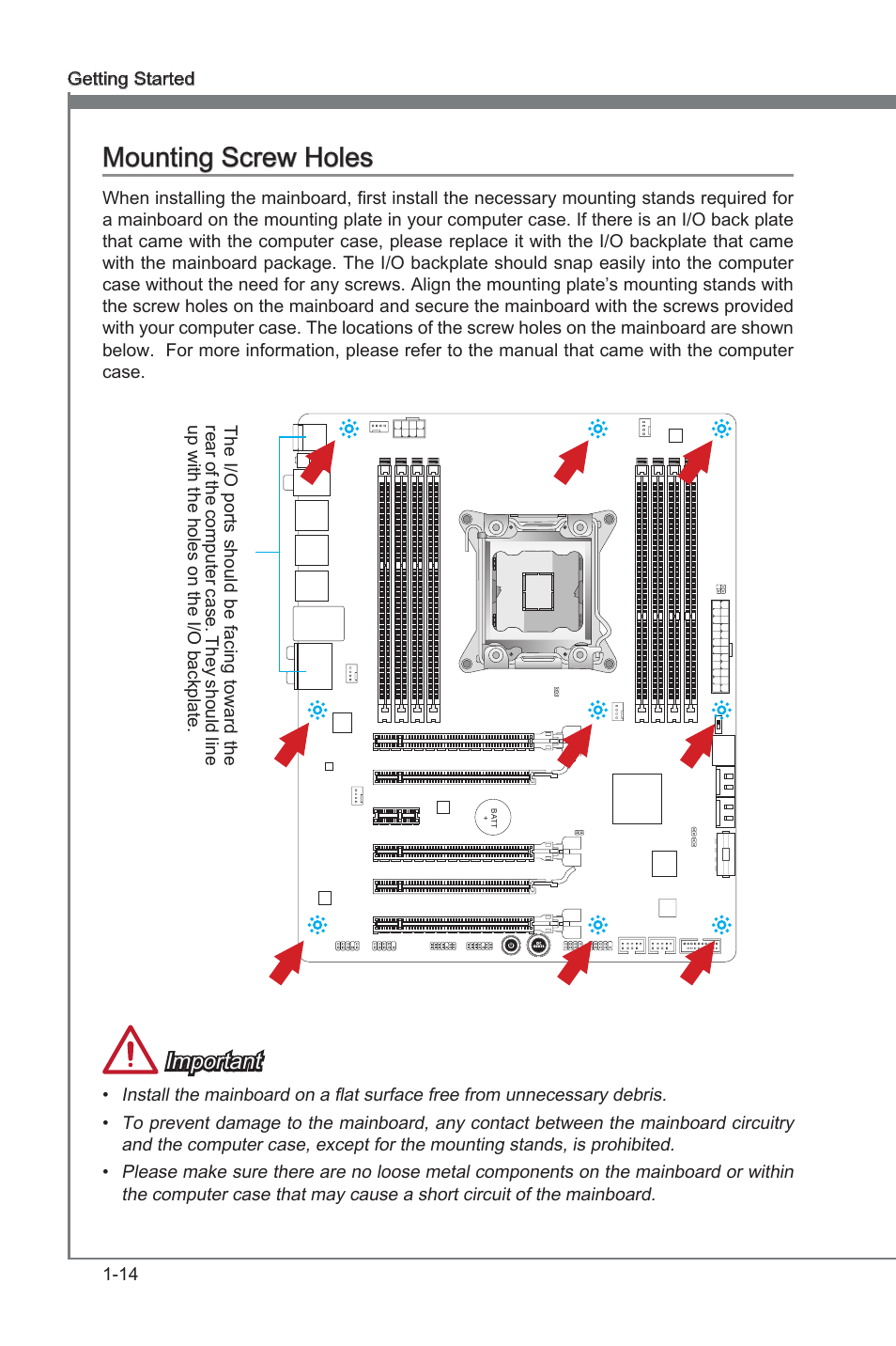 Mountng screw holes -14, Mountng screw holes, Important | MSI X79A-GD45 PLUS Manual User Manual | Page 26 / 96